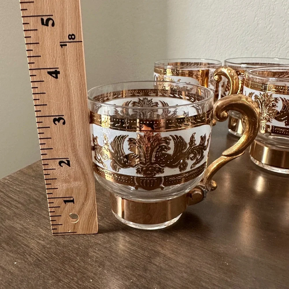 Vintage 22K Gold Filigree Glass Pitcher and 6 Mug Set with Stirrer MCM Barware